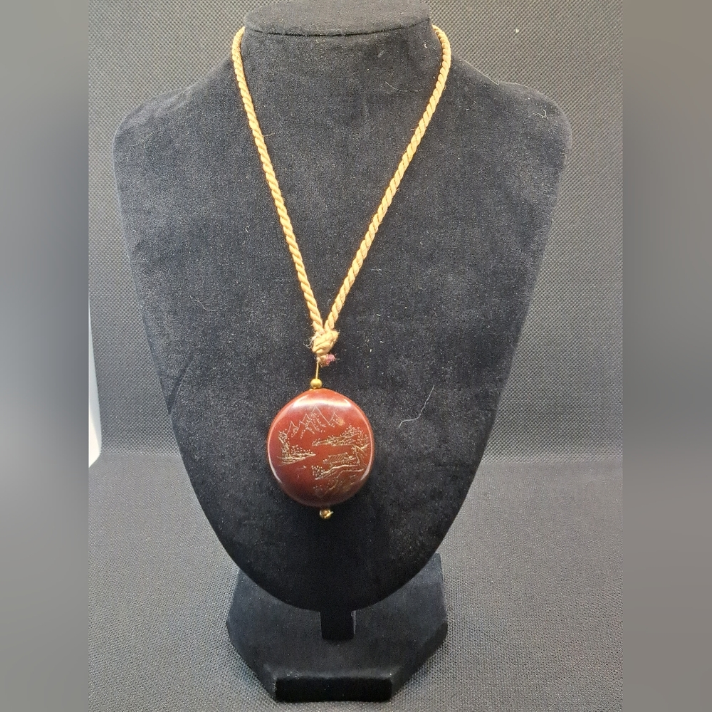 Vintage Hobe Asian Inspired Necklace,  Engraved Medallion.